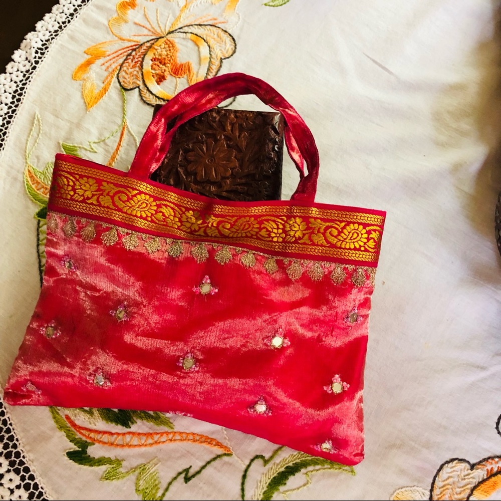 Frankie and Johnnie Small Satin Embroidered & Beaded Bag. Fuscia Pink 9.5" x 7"